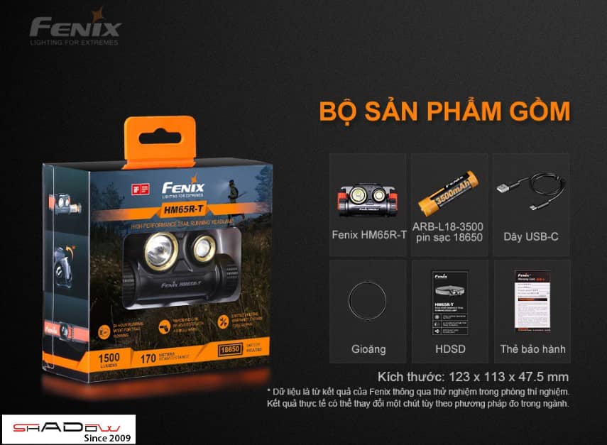 Bộ sản phẩm đèn đội đầu 35w Fenix HM65R-T Black