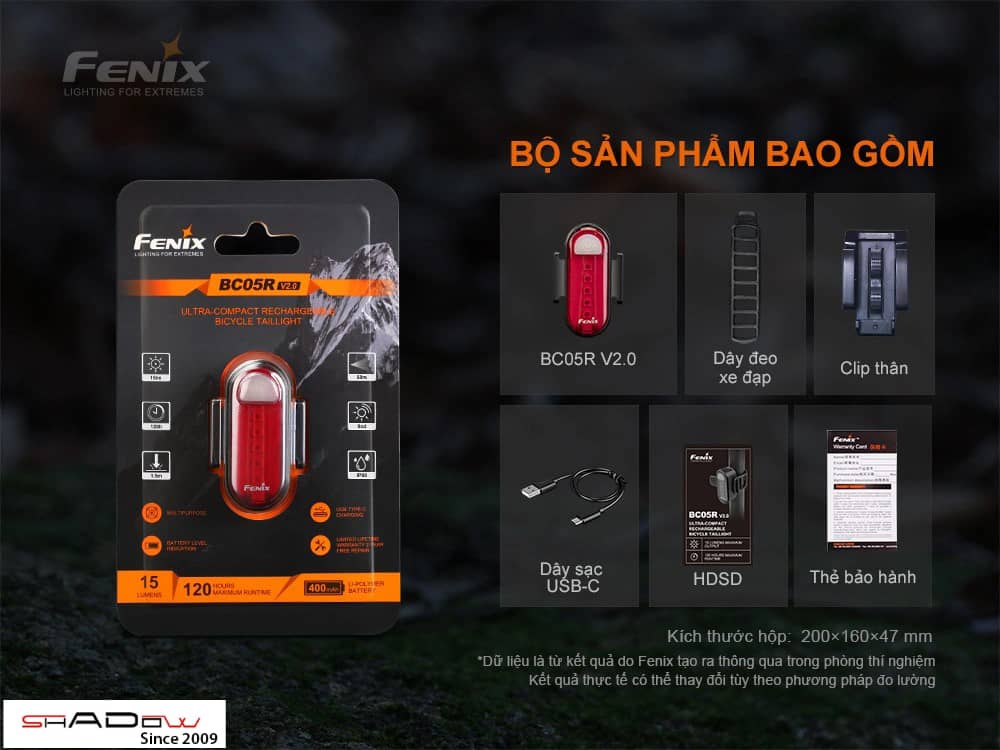 Bộ sản phẩm đèn hậu xe đạp dùng pin Fenix BC05R V2