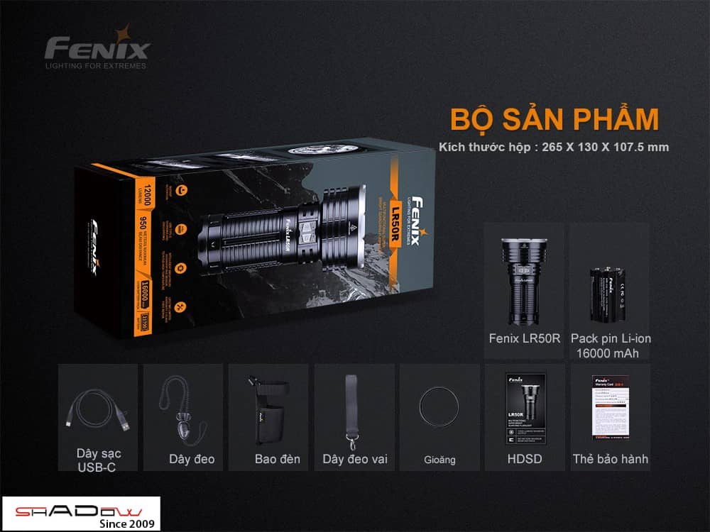 Bộ sản phẩm đèn sạc dự phòng Fenix LR50R