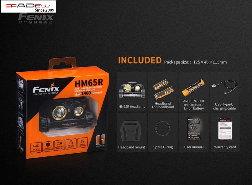 Bộ sản phẩm đi kèm của đèn pin đội đầu Fenix HM65R