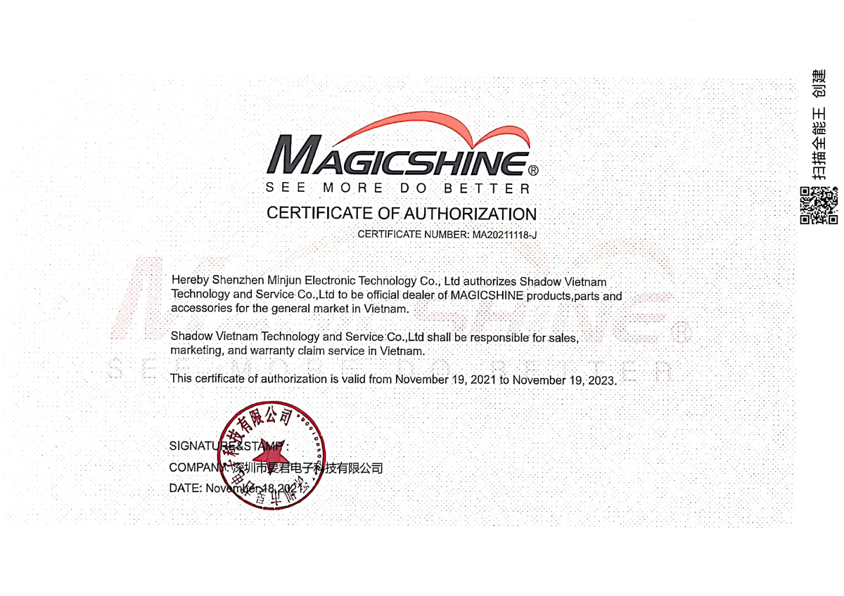 Chứng chỉ đại lý ủy quyền chính hãng của Magicshine tại Shadow Việt Nam