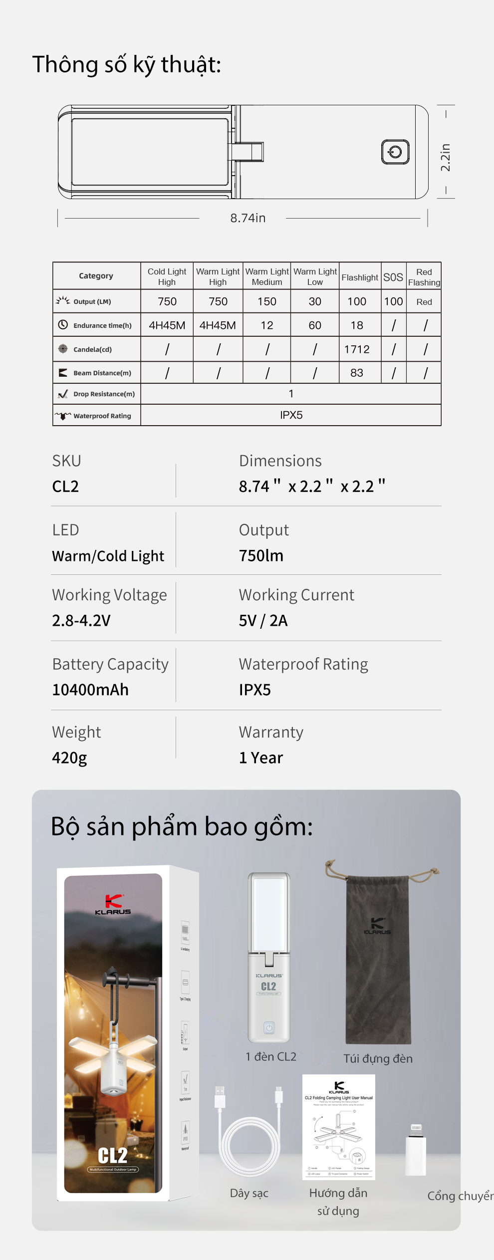 thông số kỹ thuật của klarus cl2