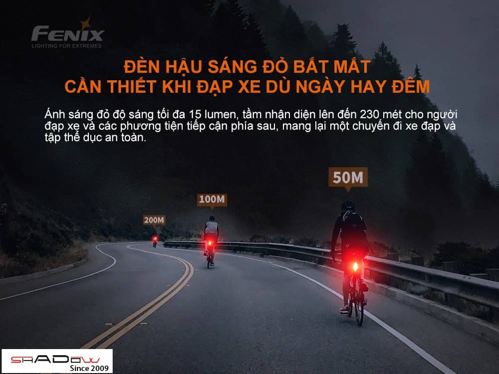 Đèn hậu xe đạp dùng pin Fenix BC05R V2 sáng tối đa 15 lumen