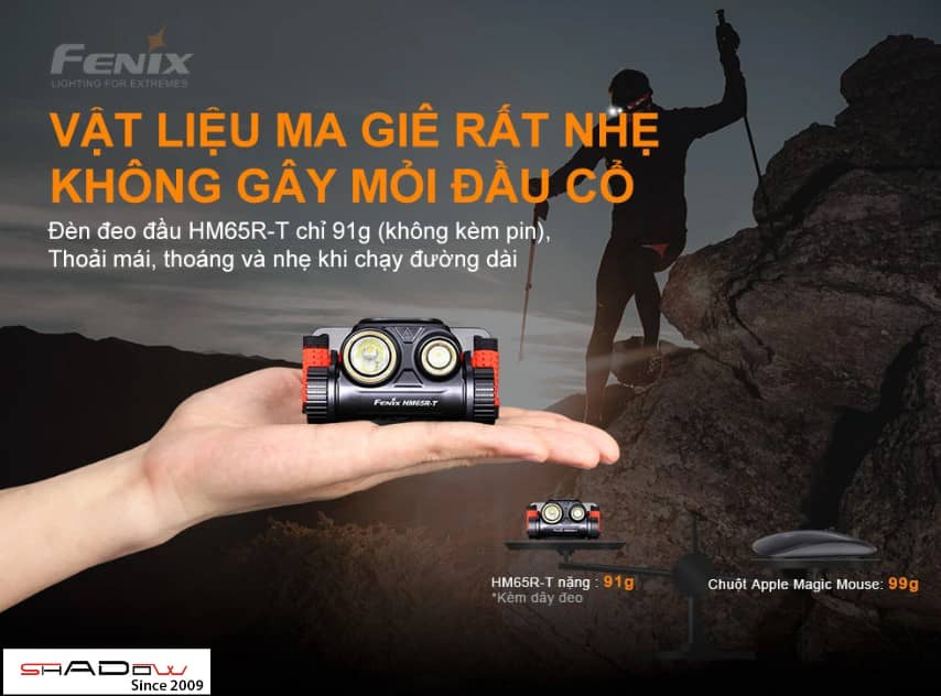 Đèn pin đội đầu 35w Fenix HM65R-T Black làm từ Magie