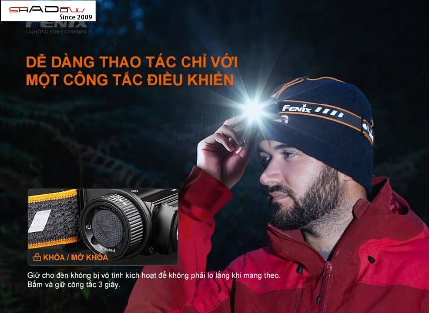 Đèn pin đội đầu 5 bóng Fenix HM60R dễ thao tác với 1 công tắc