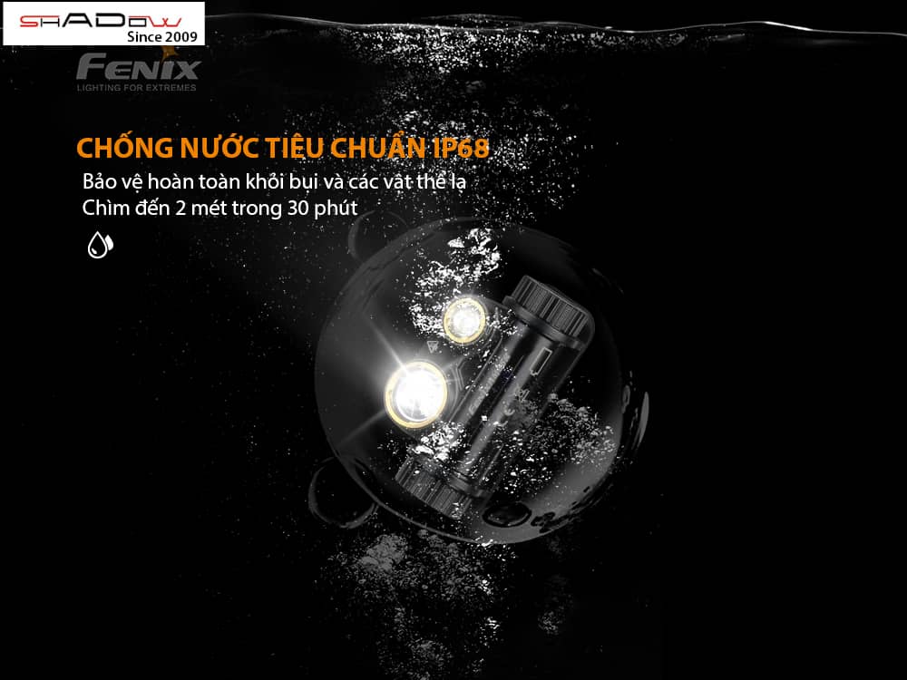 đèn pin đội đầu Fenix HM65R đạt tiêu chuẩn chống nước IP68