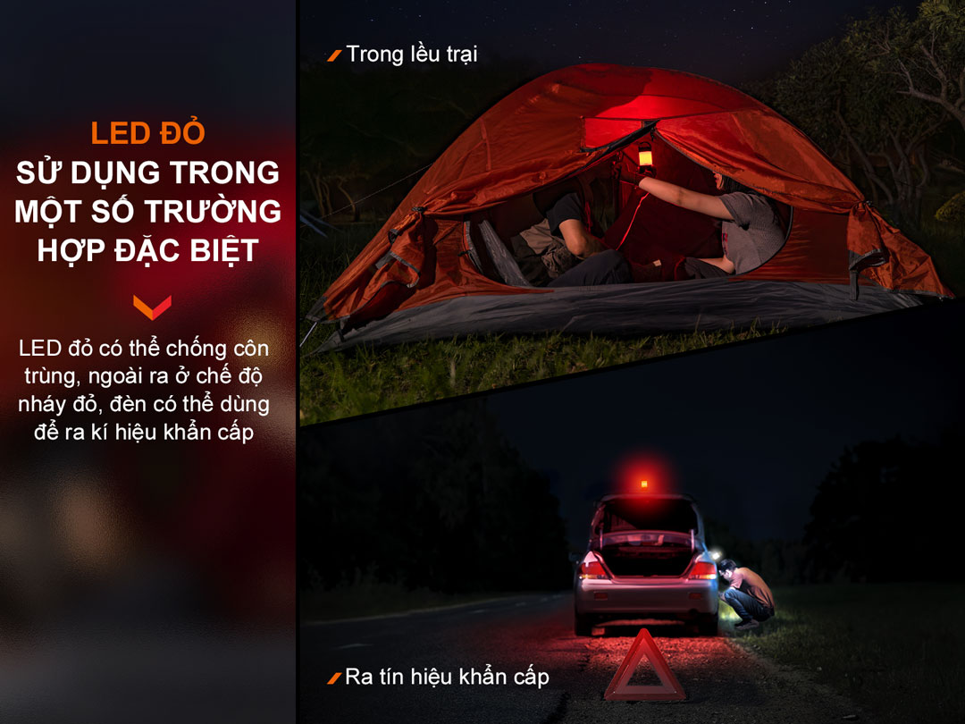 Đèn pin cắm trại FENIX CL26R Pro hỗ trợ ánh sáng đỏ hỗ trợ cho nhiều trường hợp đặt biệt.