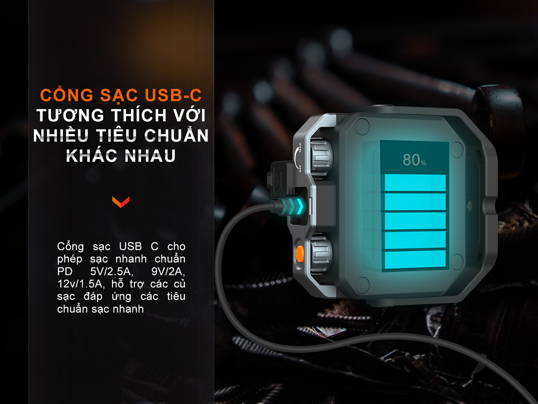 Cổng sạc USB-C trên đèn pin Fenix CL28R giúp sạc thiết bị điện tử khác