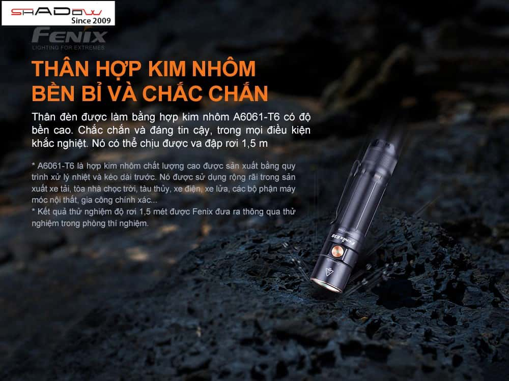 Đèn pin Fenix E35 V3 có thân hợp kim nhôm bền bỉ chắc chắn