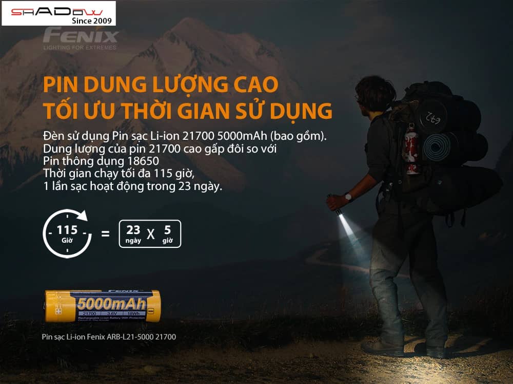 Đèn pin Fenix PD36R sử dụng pin 21700 dung lượng cao