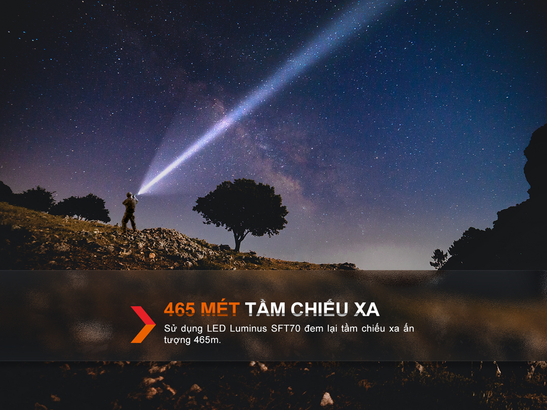 Đèn pin Fenix TK20R UE chiếu xa 465 mét trong đêm tối, nổi bật với chùm sáng mạnh mẽ và tán quầng hẹp, sử dụng LED Luminus SFT70.
