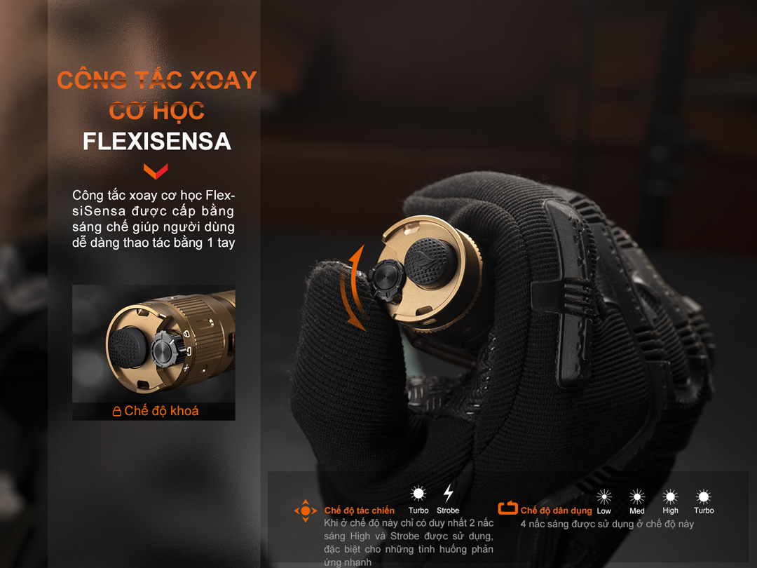 Cận cảnh công tắc xoay cơ học FlexiSensa của Fenix TK20R UE giúp điều khiển dễ dàng bằng một tay, hỗ trợ chuyển đổi nhanh giữa các chế độ.