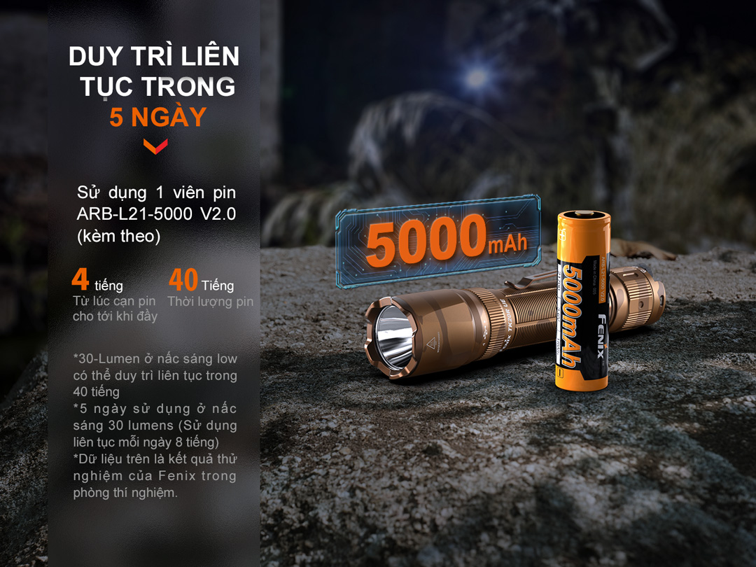 Fenix TK20R UE sử dụng pin ARB-L21-5000 dung lượng 5000mAh, runtime tối đa 40 giờ ở mức sáng thấp, hỗ trợ hoạt động liên tục 5 ngày.