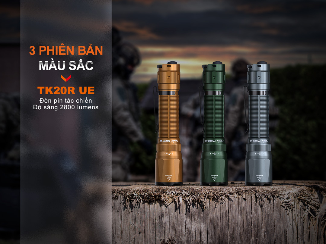 Ba phiên bản màu sắc của đèn Fenix TK20R UE: vàng cát, xanh quân đội và xám đô thị – phong cách chiến thuật, mạnh mẽ.