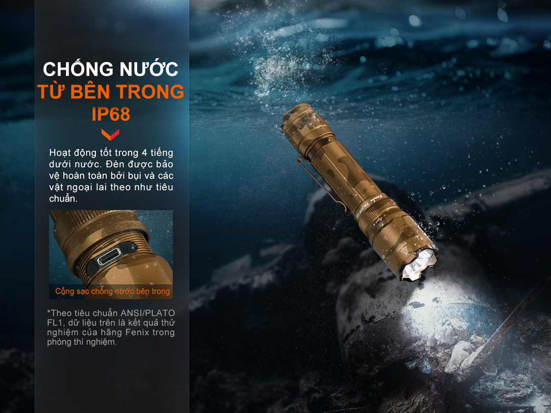 Đèn pin Fenix TK20R UE đạt chuẩn chống nước IP68, hoạt động bền bỉ dưới nước trong 4 giờ