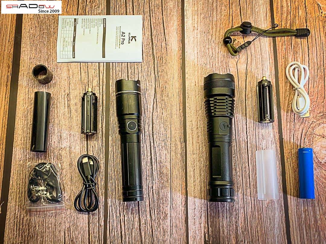 đèn pin rp6000 và klarus a2 pro cùng phụ kiện đi kèm