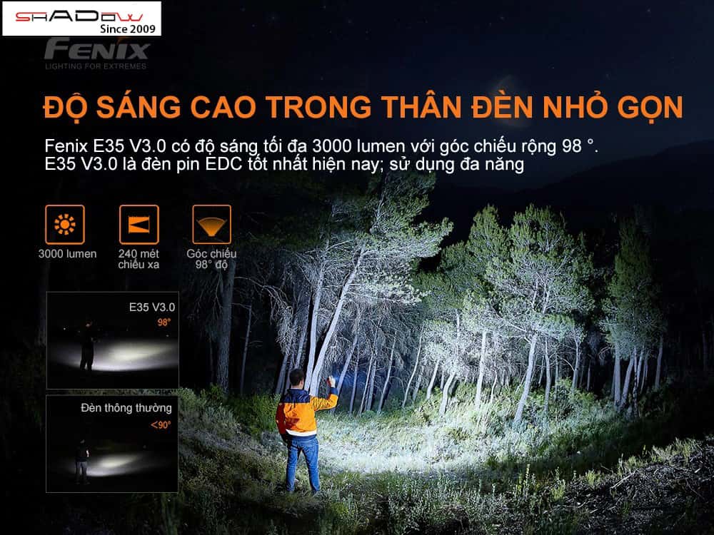 Đèn pin siêu sáng 5 chế độ Fenix E35 V3.0 có độ sáng 3000 lumen