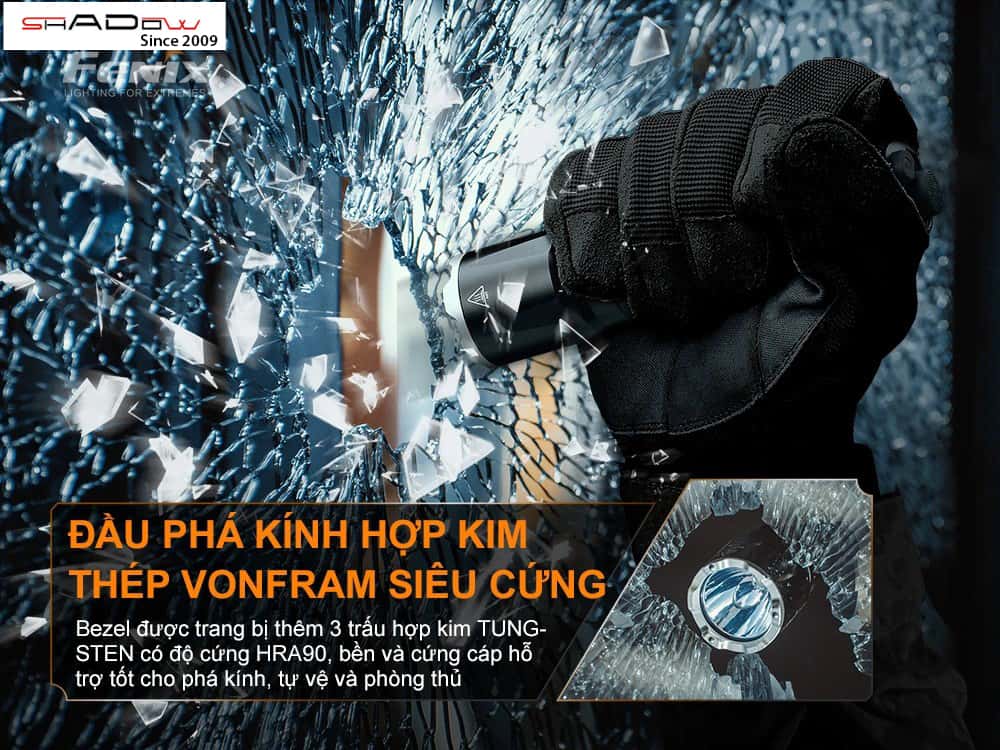 Đèn pin tự vệ chuyên nghiệp Fenix TK16 V2.0 có đầu phá kính bằng thép vonfram