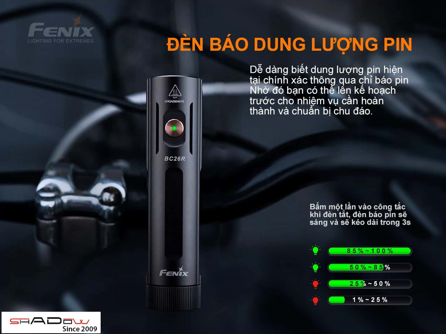 Đèn pin xe đạp Fenix BC26R trang bị đèn báo dung lượng pin