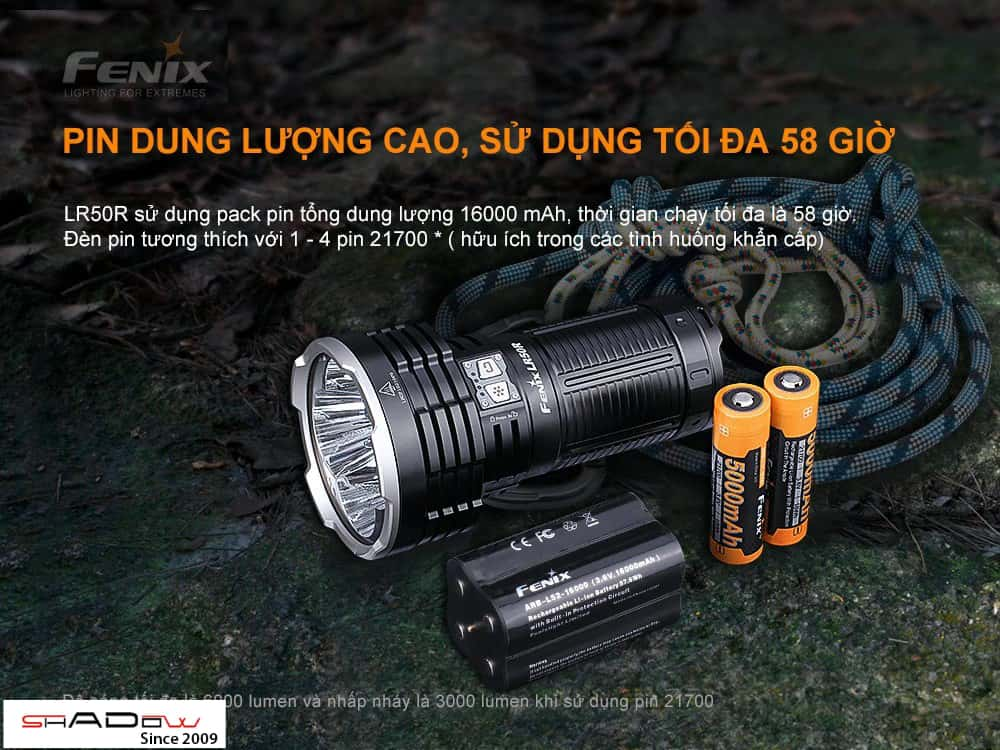 Đèn sạc dự phòng Fenix LR50R sử dụng pin dung lượng cao