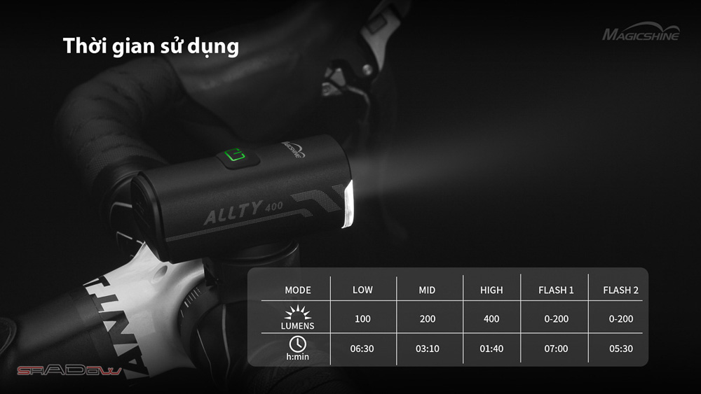Đèn xe đạp MAGICSHINE ALLTY 400 - thời gian sử dụng