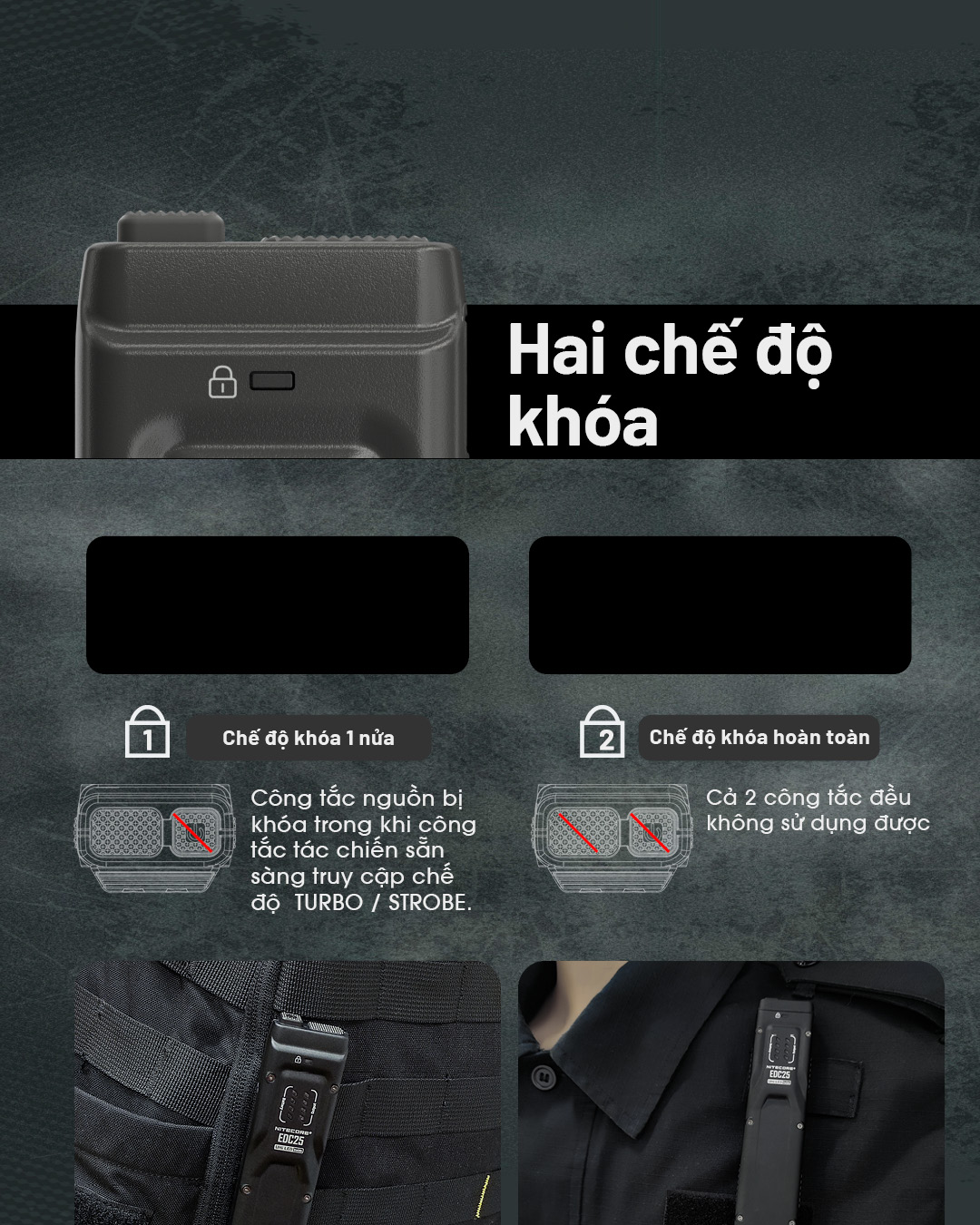 NITECORE EDC25 trang bị 2 chế độ khóa, ngăn bật nhầm khi bỏ túi, an toàn cho người dùng chuyên nghiệp