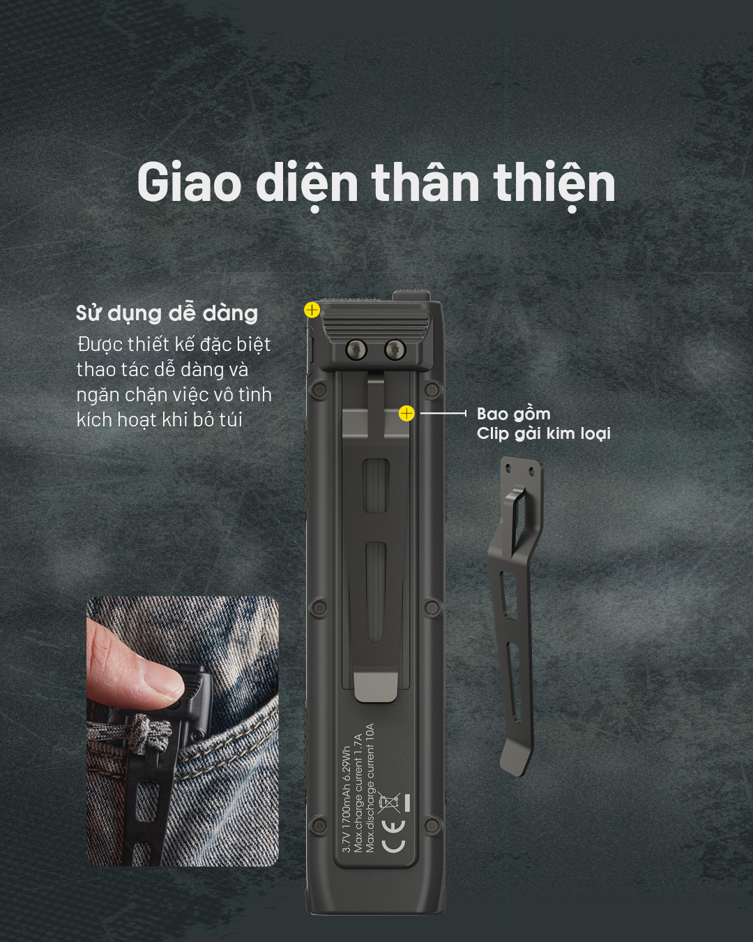 NITECORE EDC25 thiết kế thân thiện, thao tác dễ dùng, có clip gài kim loại chống kích hoạt khi bỏ túi