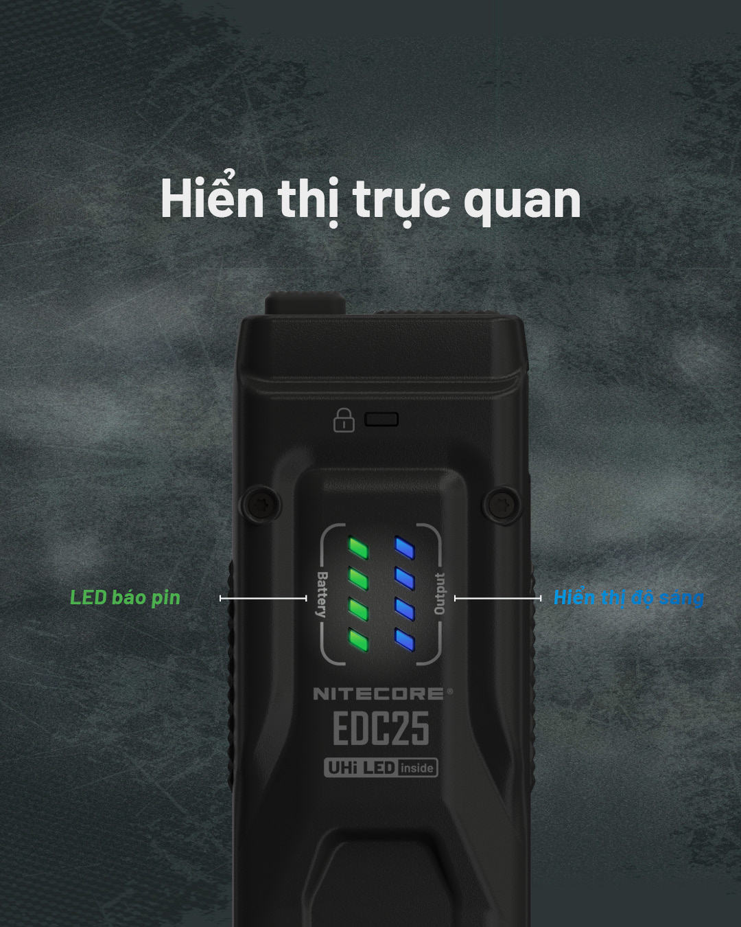 NITECORE EDC25 có đèn LED báo pin và hiển thị độ sáng trực quan, dễ theo dõi trạng thái đèn khi sử dụng