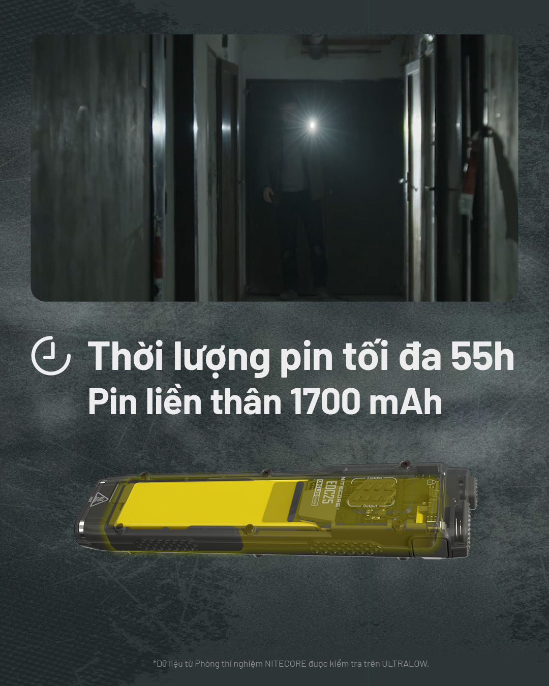 NITECORE EDC25 pin liền thân dung lượng 1700mAh, thời gian chiếu sáng liên tục tới 55 giờ ở chế độ thấp