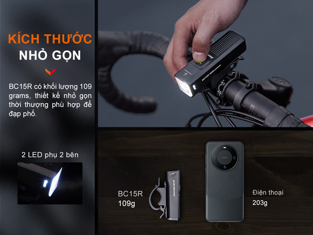 Đèn kích thước nhỏ gọn, nhẹ trọng lượng đèn là 109gr