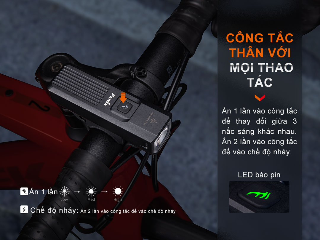 Đèn trang bị 1 công tắc trên thân, thao tác sử dụng rất dễ dàng.