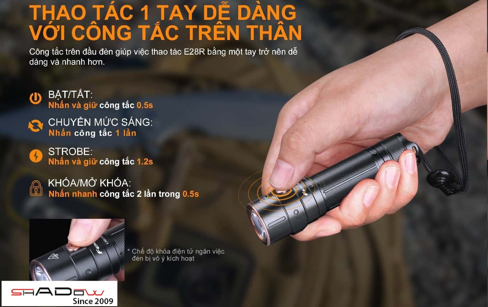 FENIX E28R là mẫu đèn pin không có PWM