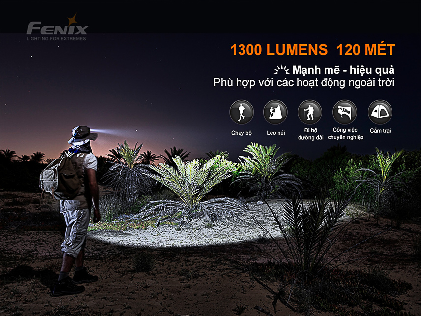 Đèn pin đạt độ sáng tối đa lên đến 1300 lumen cho khả năng chiếu mạnh mẽ trong đêm tối