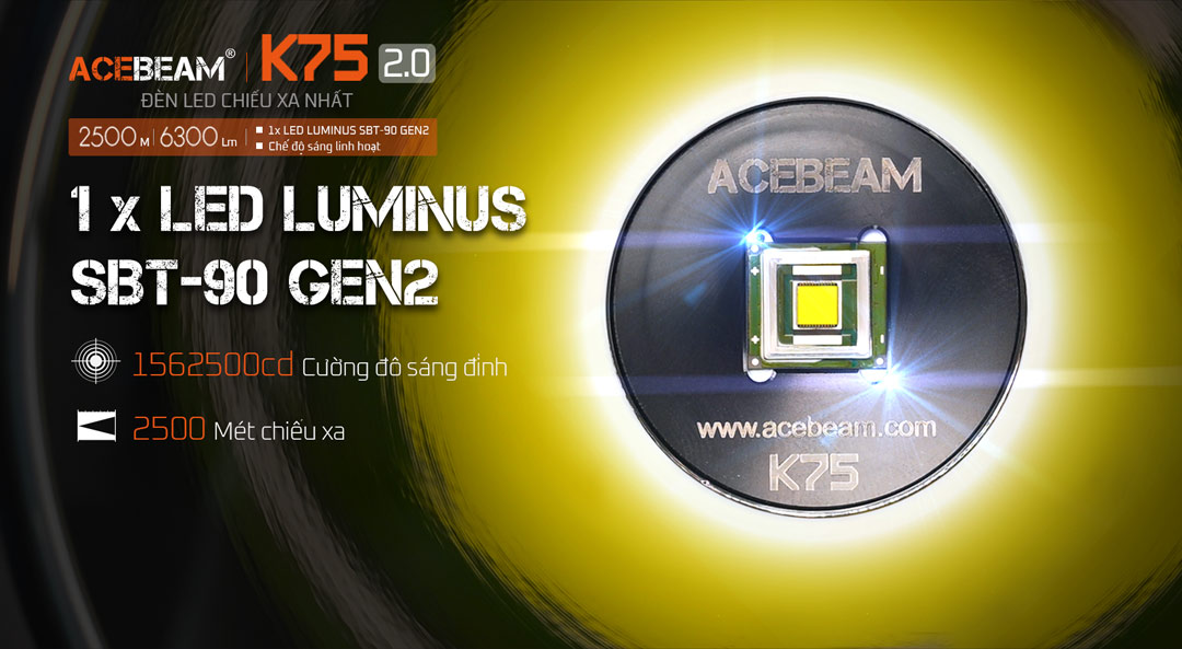Đèn pin chiếu xa ACEBEAM K75 V2.0 sử dụng 1 LED luminus SBT-90 GEN2