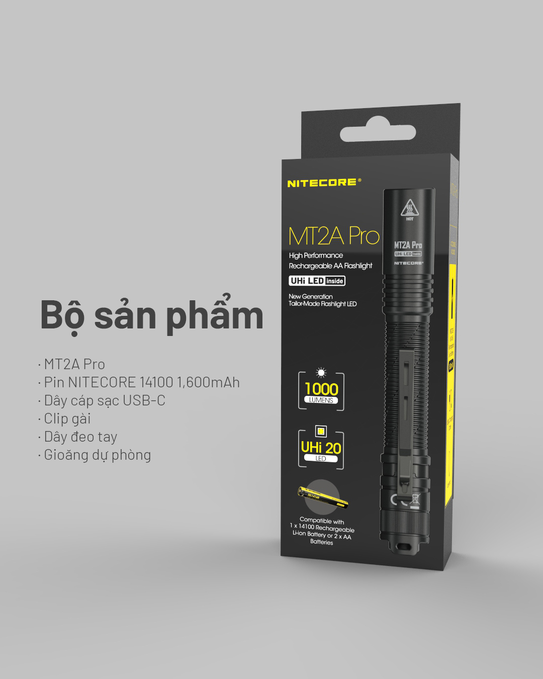 bộ sản phầm gồm, đèn mt2a pro, pin, dây cáp, clip gài, gioăng, dây đeo