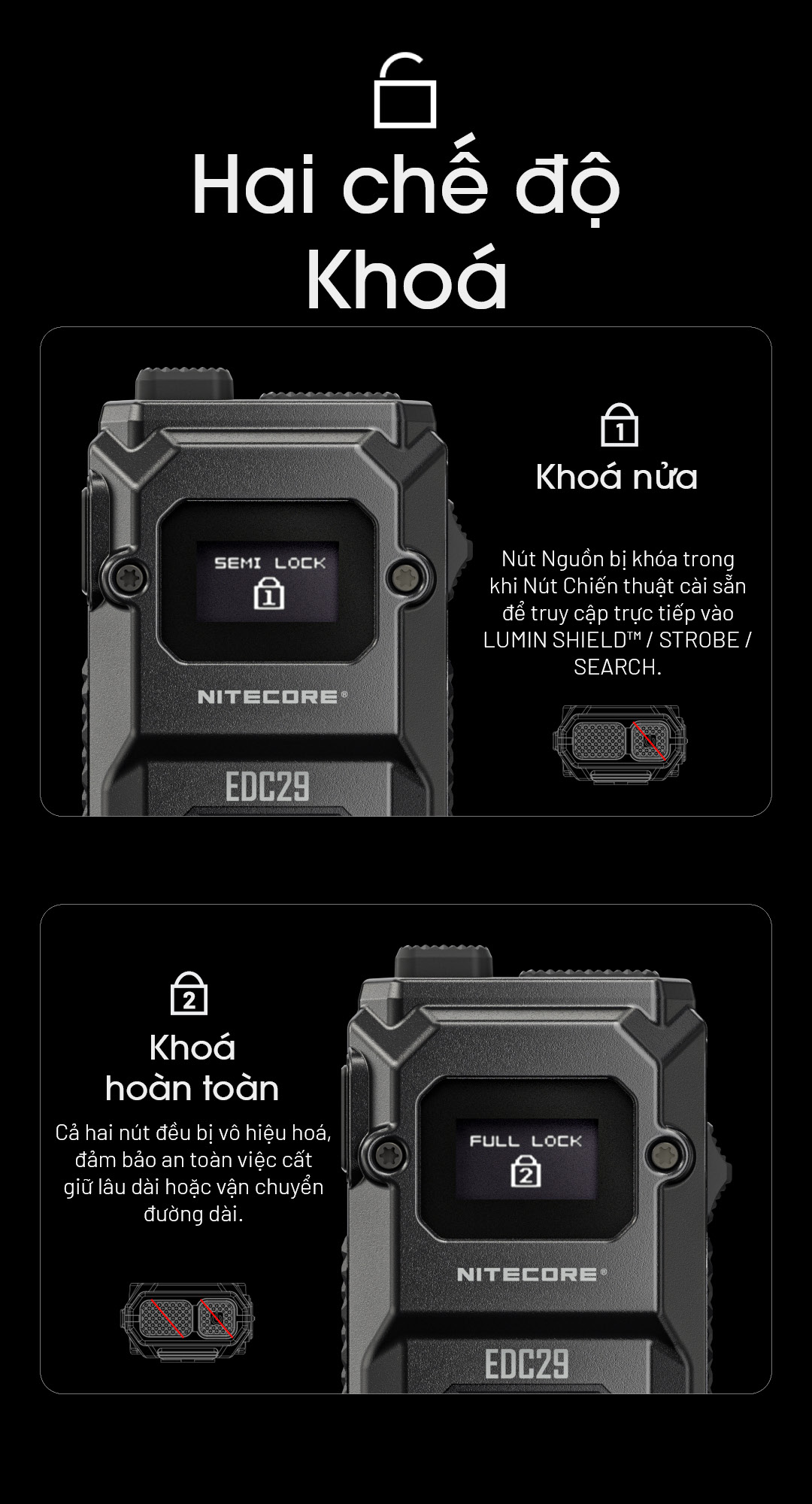 NITECORE EDC29 có 2 chế độ Khoá hoàn toàn và khoá nửa
