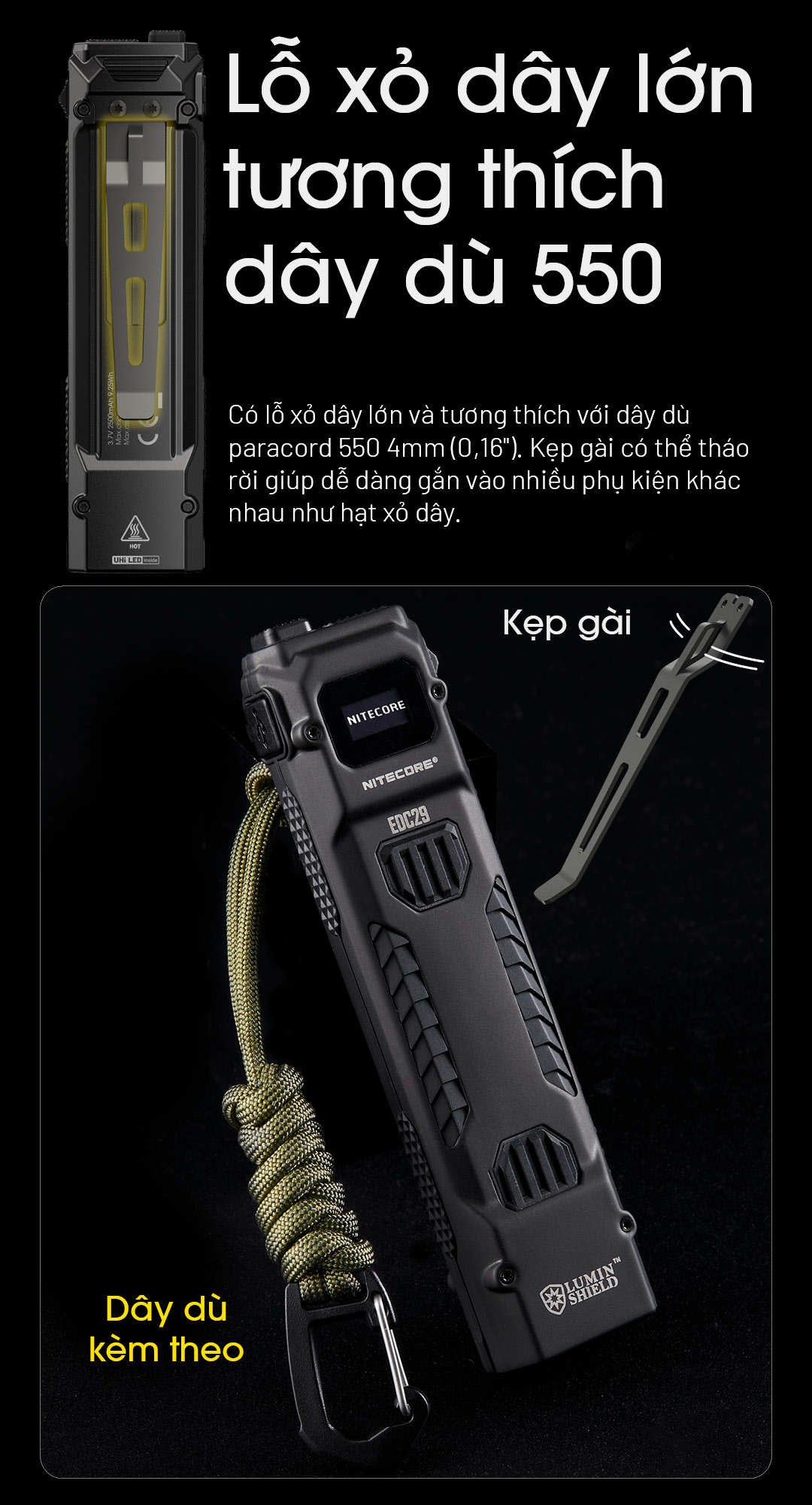 NITECORE EDC29 hỗ trợ xỏ dây dù size lớn