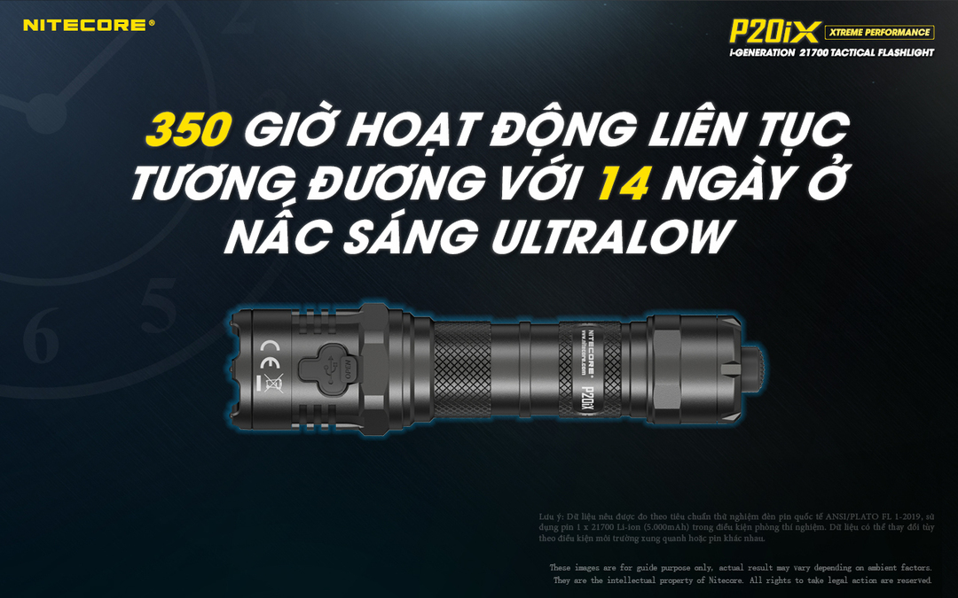 Đèn pin P20iX sử dụng 150 giờ liên tục với nấc sáng ultralow