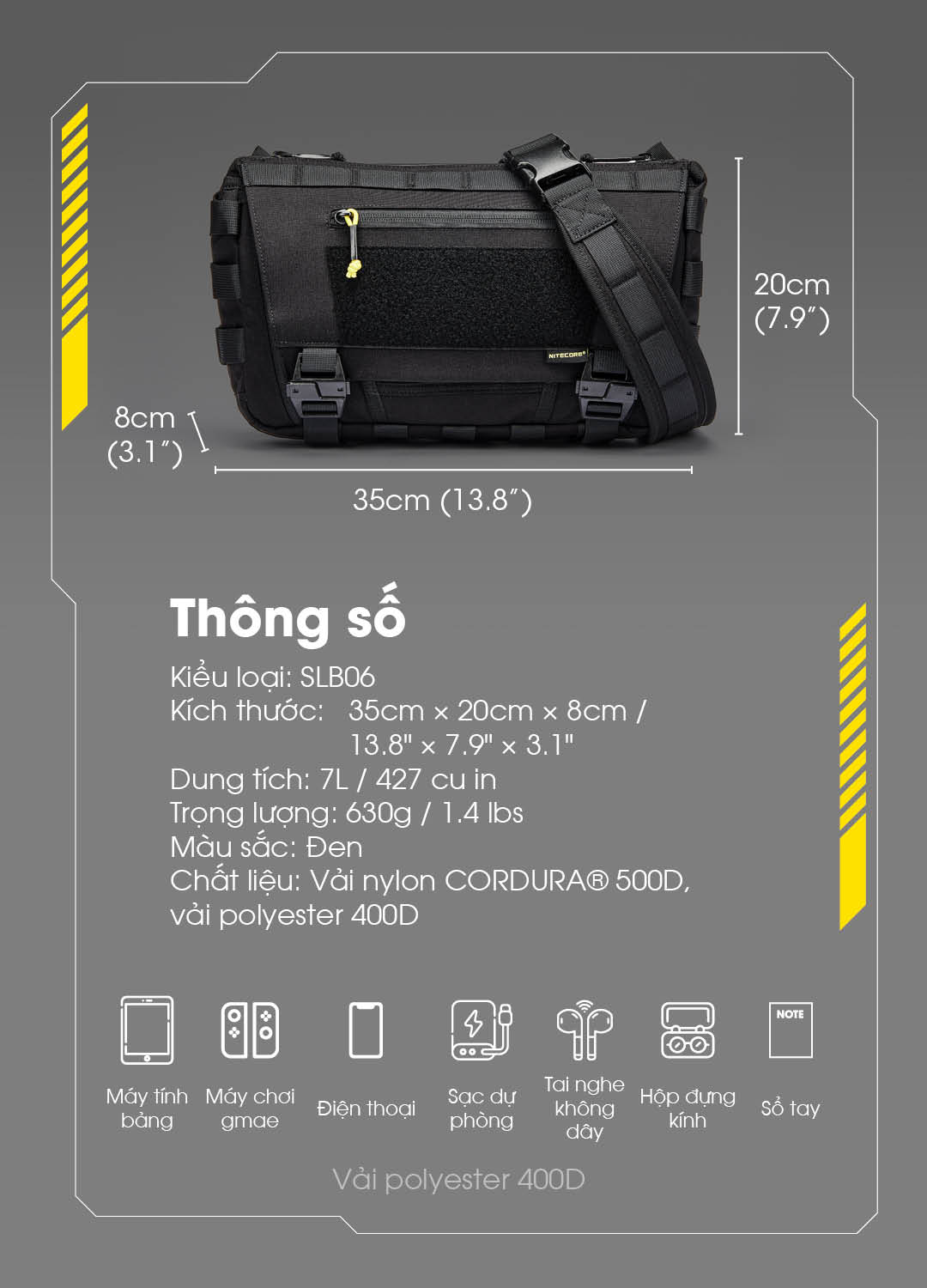 Tổng hợp các tính năng nổi bật như nhiều ngăn, MOLLE, khóa hai chiều và chất liệu bền bỉ.