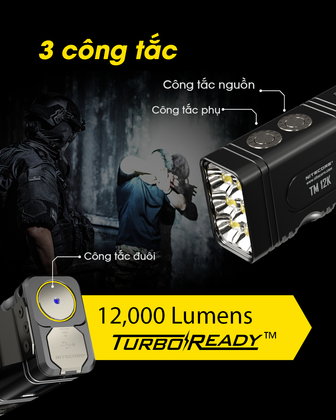 Đèn pin tác chiến NITECORE TM12K có 3 công tắc