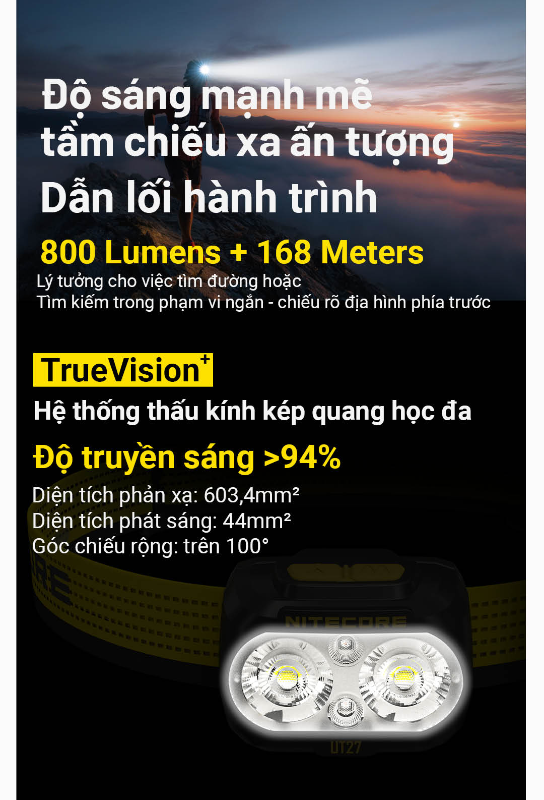 Nitecore UT27 độ sáng 800 lumen, chiếu xa 168m, hệ thấu kính TrueVision độ truyền sáng trên 94%