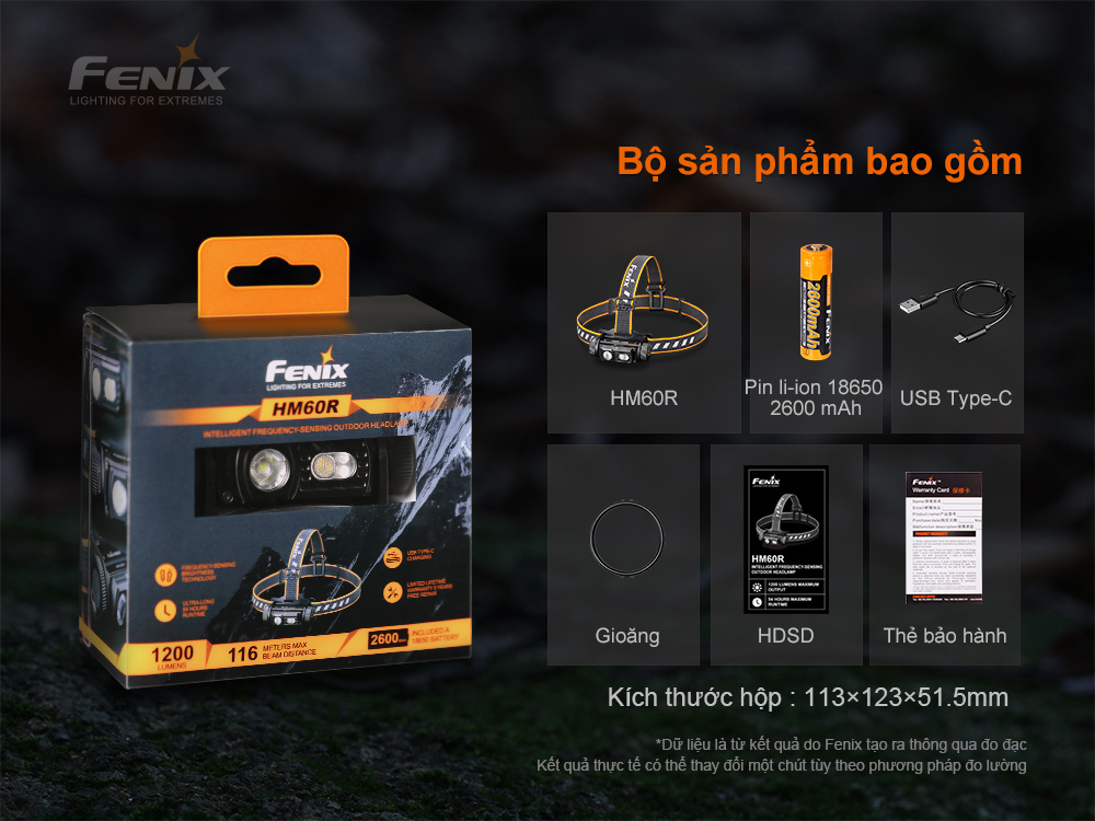 Bộ sản phẩm đèn pin siêu sáng 5 bóng Fenix HM60R