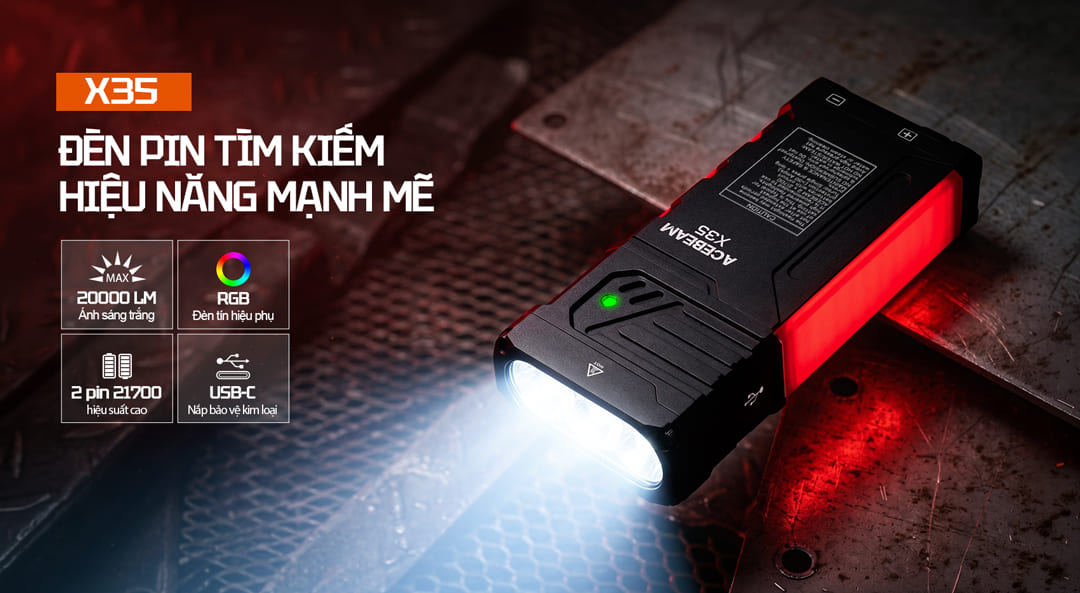 Giới thiệu tổng quan ACEBEAM X35 với độ sáng 20.000 lumen, 3 LED Cree XHP70.2, pin kép 21700 dung lượng lớn, sạc USB-C và đèn tín hiệu RGB đa chức năng.