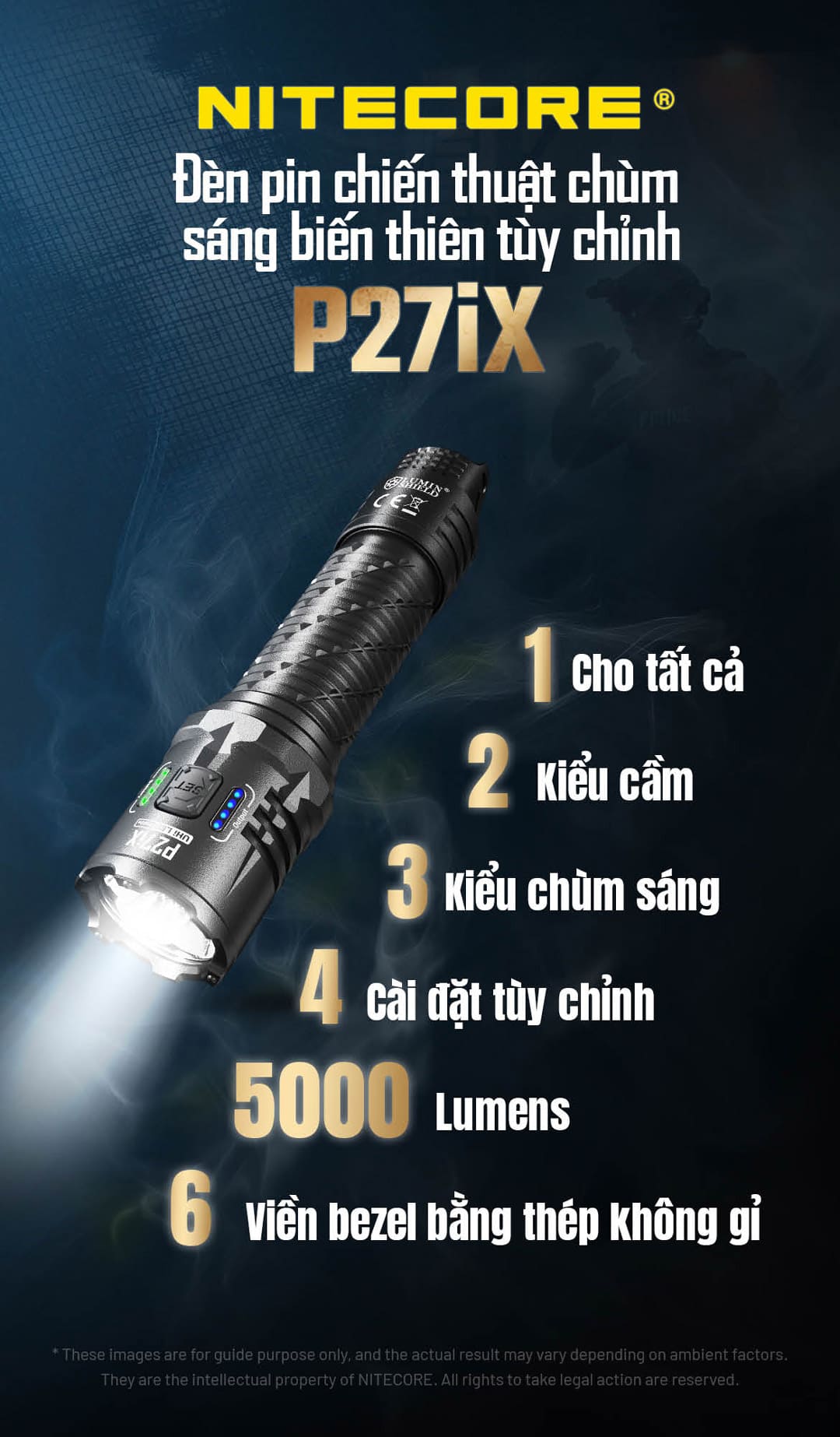 Đèn pin chiến thuật 5000 lumen, chùm sáng tùy chỉnh, thiết kế chuyên nghiệp cho nhiệm vụ cường độ cao.