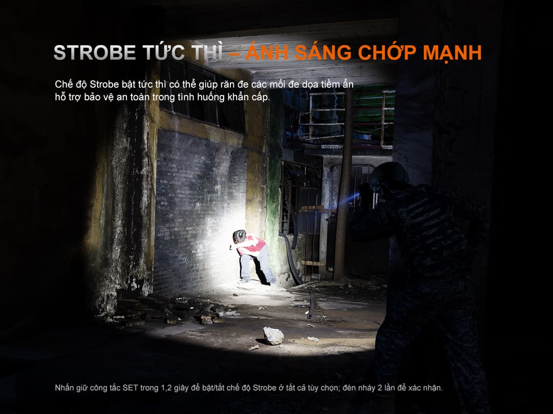 Strobe kích hoạt nhanh giúp gây mất phương hướng đối tượng và nâng cao khả năng tự vệ trong tình huống khẩn cấp.