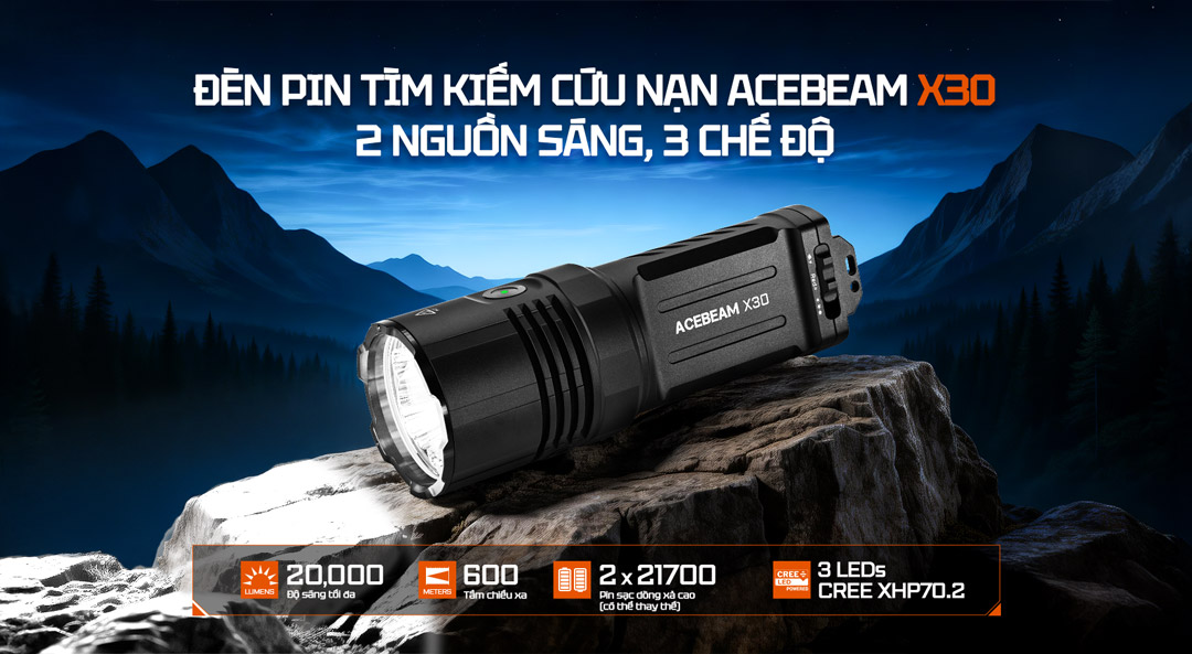 Đèn pin công suất cực đại 20.000 lumen, tầm chiếu 600m, sử dụng 3 LED CREE XHP70.2. Thiết kế 2 pin 21700 thay thế được, phù hợp tìm kiếm – cứu hộ – công trình – dã ngoại chuyên nghiệp.