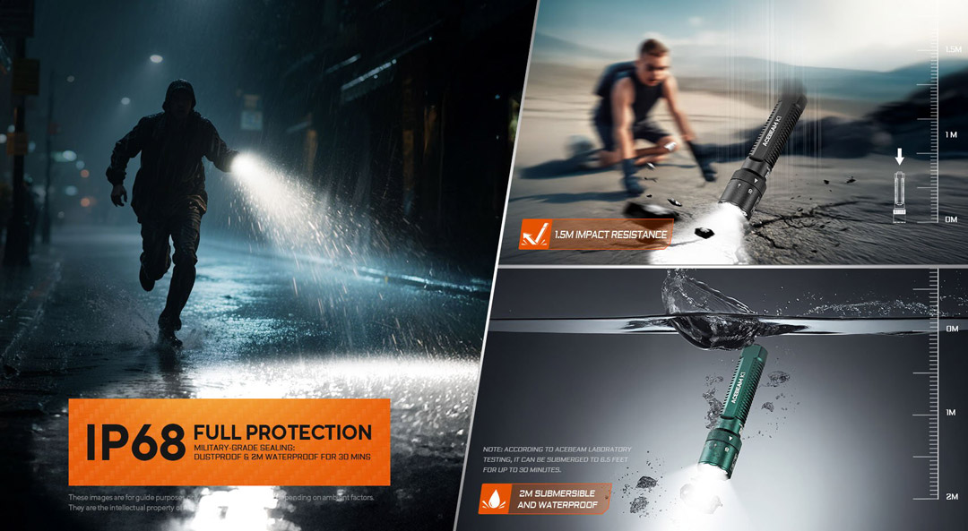 đèn pin ACEBEAM K1 chống nước IP68, chịu rơi 1.5 mét, hoạt động tốt trong mưa và môi trường khắc nghiệt