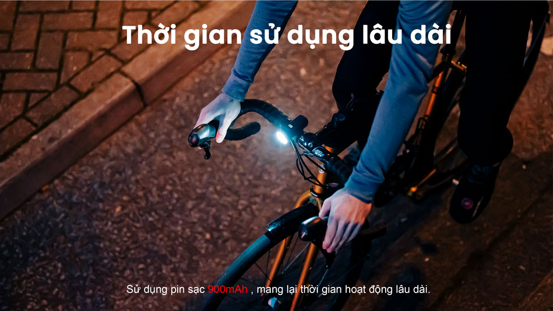 Magicshine ALLTY 200 dùng pin sạc 900mAh, cho thời gian chiếu sáng dài, phù hợp đi làm và đạp xe dã ngoại
