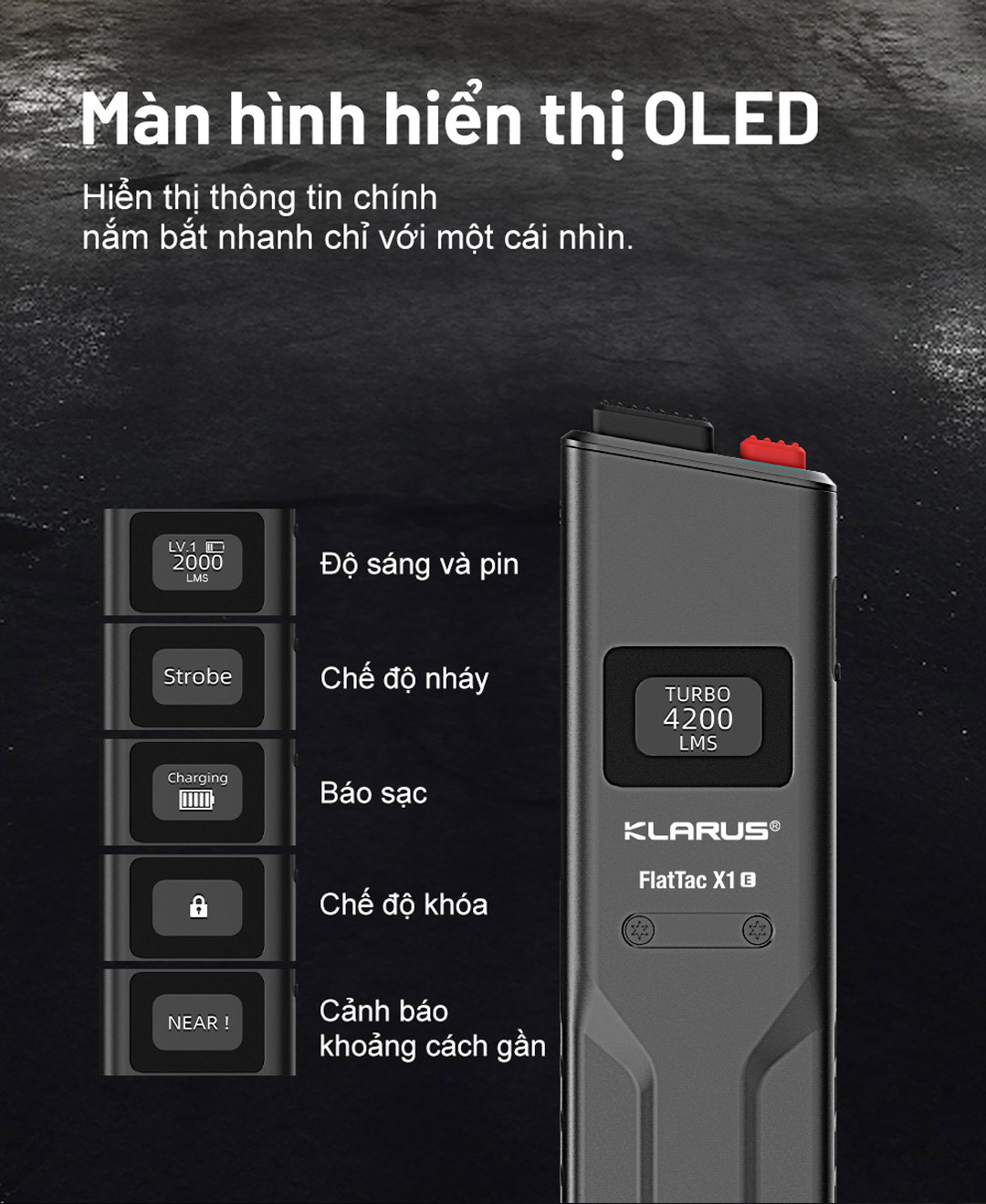 thân đèn được trang bị màn hình OLED để nắm bắt thông tin chính xác