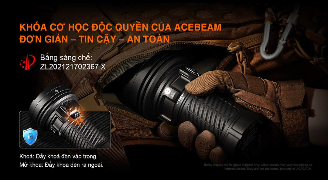 Đèn pin ACEBEAM khóa cơ học an toàn, đèn pin có khóa vật lý, chống bật đèn khi bỏ túi.